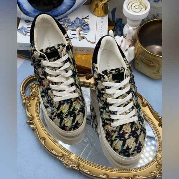 🆕 KURT GEIGER LONDON 🧿 NWOB Laney Eye Gold Rainbow Tweed Sneaker, Sz 37 US 7 - Picture 5 of 14